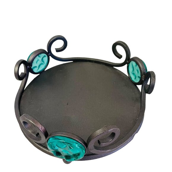 Vintage Wrought Iron Candle Plant Holder With Emerald Glass Accents Pier 1 Impor - Picture 1 of 5